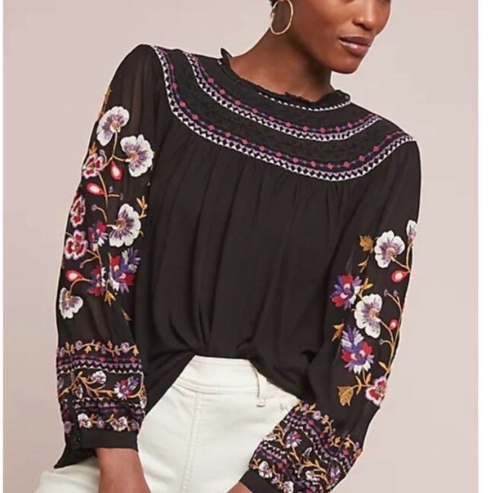 Anthropologie Akemi + Kin Louise Black Blouse Embroidery Beaded Boho XS - Picture 7 of 7